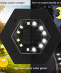 12 LED Solar Ground Lights Waterproof Outdoor Lights For Driveway Pathway Walkway Garden Yard Decor Landscape Inground Lighting Cool White Bright Solar Powered Accent Lights With Easy Install And Long Battery Life, hexagonal light showing day and night modes.