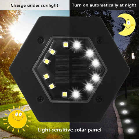 12 LED Solar Ground Lights Waterproof Outdoor Lights For Driveway Pathway Walkway Garden Yard Decor Landscape Inground Lighting Cool White Bright Solar Powered Accent Lights With Easy Install And Long Battery Life, hexagonal light showing day and night modes.