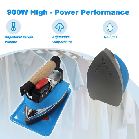 Heavy Duty Industrial Steam Iron And Boiler Setup Straight Up 110 Volt 1600 Watt Pro Ironing Rig with adjustable steam and temperature dials.