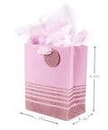 9-Inch Medium Gift Bag With Tissue Paper In Pink Glitter Stripes For Valentines Day Birthdays Baby Showers Bridal Showers Or Any Occasion Durable Gift Bag With Card Holder And Up To Five-Pound Capacity, shown with tissue paper and ribbon handles