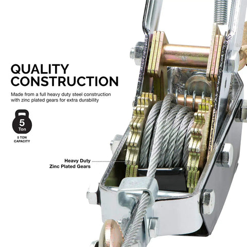 Close-up of the Beefy Five Ton Come Along Winch with Ten Foot Cable Dual Gear Hand Winch showing zinc plated gears and heavy-duty cable.