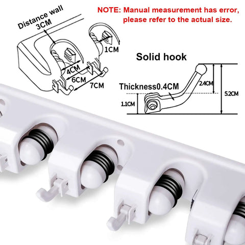 Diagram and close-up of Heavy Duty Broom Hanger Wall Mount And Mop Organizer Rack For Garage And Laundry Room No More Clutter Keep Your Cleaning Tools Off The Floor With Strong Hooks And Easy Wall Hanging Storage.