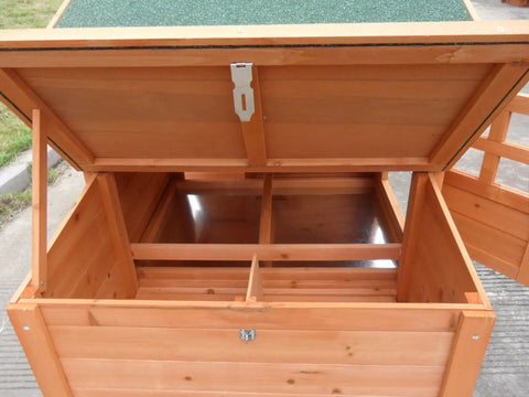 Open nesting box of Deluxe Large Wood Chicken Coop With Nesting Box And Run For 3 To 5 Chickens Durable Fir Construction Easy Clean Tray