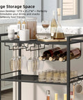 Sleek Black Three Tier Bar Cart With Smooth Rolling Lockable Wheels And Top Shelf Storage, featuring wine bottles and glasses.