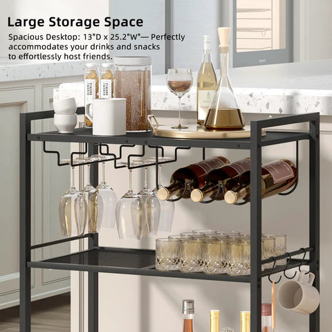 Sleek Black Three Tier Bar Cart With Smooth Rolling Lockable Wheels And Top Shelf Storage, featuring wine bottles and glasses.