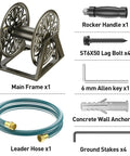 Heavy Duty Garden Hose Reel With Wall And Floor Mount Decorative Hose Holder And Winder components including frame, handle, bolts, and anchor.