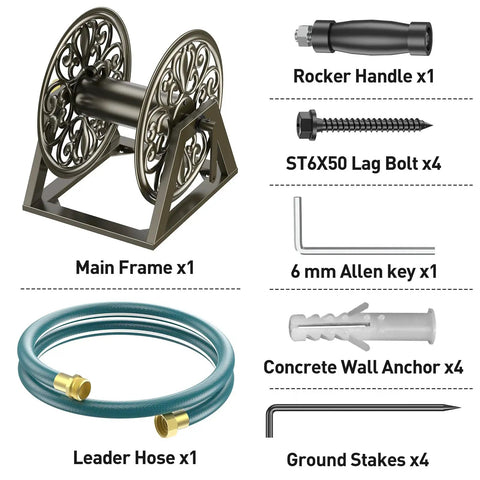 Heavy Duty Garden Hose Reel With Wall And Floor Mount Decorative Hose Holder And Winder components including frame, handle, bolts, and anchor.