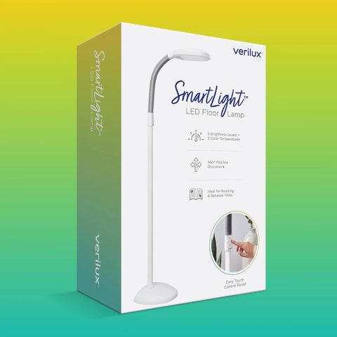 Lit Full Spectrum LED Floor Lamp With Adjustable Brightness and Flexible Gooseneck in packaging with control panel image.