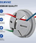 Pro Grade Grey Push In Wire Connectors Screwless Electrical Terminal Blocks installation showing three wires connected.