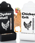 Black and white wall-mounted grit and oyster shell feeders, chicken graphic, view window, metal construction, for coops.