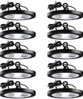 Pack of 10 black 150W LED High Bay Light With 21,700 Lumens, 5000K Daylight, 0-10V Dimmable, UL Listed, 120-277V, Mega Bright.