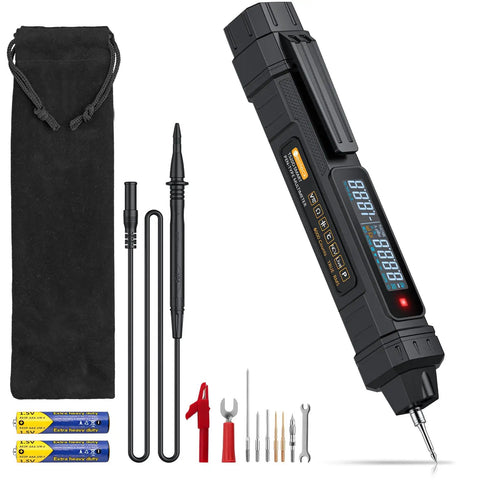 3 In 1 Pen Style Multimeter With Phase Sequence Detection And LCD Display, accessories, and pouch shown