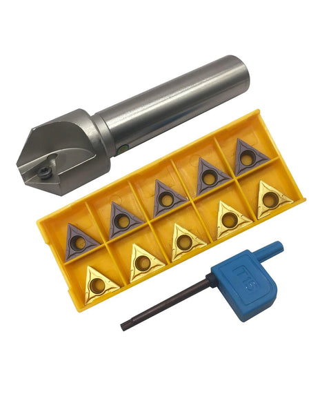 Chamfering tool set with 3/4 inch shank boring bar, yellow insert tray with 10 TCMT carbide inserts and blue hex key