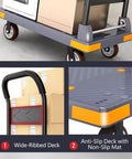 Heavy Duty Four Wheel Platform Cart With 360 Degree Maneuverability And 660 Pound Capacity For Safe Transport Of Luggage And Packages Foldable Hand Truck With Anti Slip Deck For Stable Heavy Load Haul, gray metal cart with orange accents