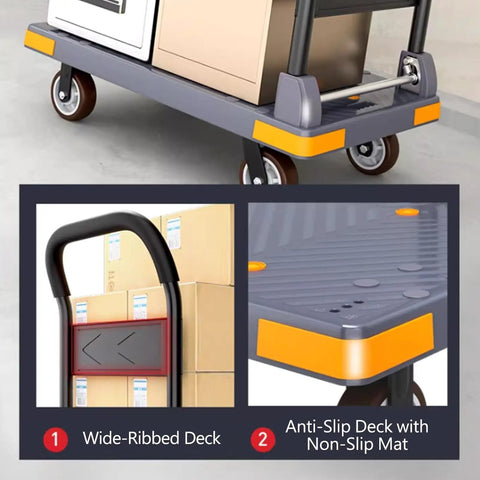 Heavy Duty Four Wheel Platform Cart With 360 Degree Maneuverability And 660 Pound Capacity For Safe Transport Of Luggage And Packages Foldable Hand Truck With Anti Slip Deck For Stable Heavy Load Haul, gray metal cart with orange accents