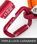 Close-up of red triple lock carabiner in Beefy Steel Core Flip Line Kit 5/8 Inch By 12 Ft Wire Core Flipline for climbing