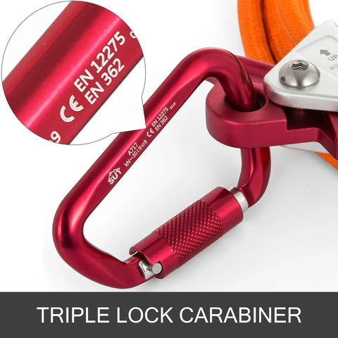 Close-up of red triple lock carabiner in Beefy Steel Core Flip Line Kit 5/8 Inch By 12 Ft Wire Core Flipline for climbing