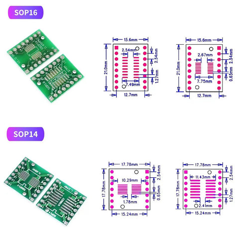 80 Pack PCB Proto Board Kit SMD To DIP Converter Adapter For TQFP SOP SSOP TSSOP ICs 32 44 48 64 84 100 dimensions view