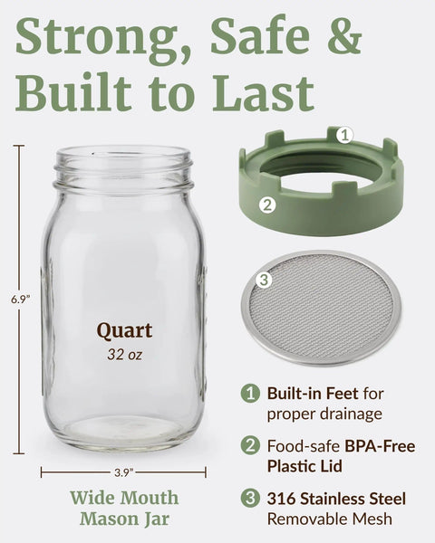 Two Pack Wide Mouth Sprouting Jars With Lids And Stainless Mesh Screen All In One Dope Seed Sprouting Kit For Home Grown Broccoli Sprouts Alfalfa Mung Bean And More Everyday Fresh Greens, showing glass jar, plastic lid, and stainless mesh screen.