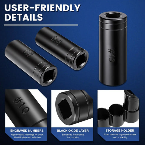 Heavy Duty Tap Socket Set For Tight Spaces With Vinyl Tap Holder Includes Five Sockets From 5/8 To 1 Inch And 16mm To 25mm