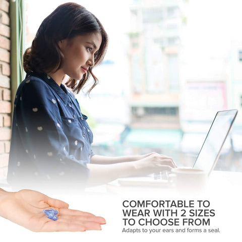 Woman using laptop with Two Sizes Sleep Ear Plugs For Snoring And Travel, Comfortable Reusable Noise Cancelling Earplugs shown in hand