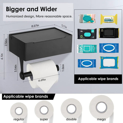 Toilet Paper Holder With Shelf And Wet Wipes Dispenser Stainless Steel Wall Mount Toilet Tissue Holder with storage shelf and wipes size guide.