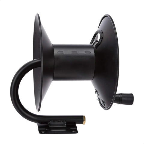 Side view of Air Hose Reel With Hybrid Hose, 50-Foot Reach, 3/8-Inch Line, 300 PSI Working Pressure, flat base and reel lock plate visible