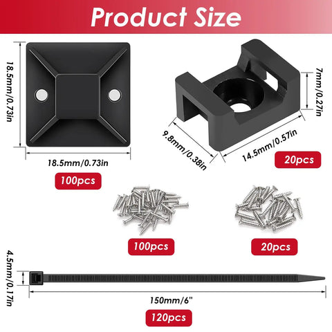 Product components of Powerful Back Glue Self Adhesive Cable Zip Tie Mounts Kit With 360 Pieces Black Mounts 6 Inch Zip Ties