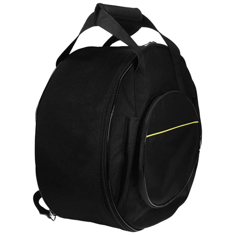 Road Ready Snare Drum Case And Gig Bag With Badass Thickened Padding And Adjustable Shoulder Strap For Smooth Hauling Of Your 14 Or 15 Inch Snare In Sleek Matte Black, side view.