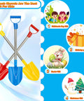 Heavy Duty Beach Shovel Three Piece Set With Thickened Metal Blade and colorful handles, ideal gift for kids, shown with gift icons.