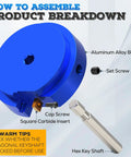 Diagram of Nine Piece Set PVC Pipe Reamer Kit components including aluminum body, set screw, carbide insert, and hex key shaft.