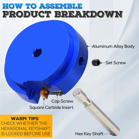 Diagram of Nine Piece Set PVC Pipe Reamer Kit components including aluminum body, set screw, carbide insert, and hex key shaft.
