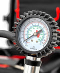 Close-up of pressure gauge showing air pressure for Tough As Nails Portable 12V Dual Cylinder Air Compressor Pump 150 Psi And 6 16 Cfm Fast Tire Inflator.