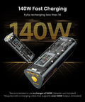 170W Power Bank 24,000mAh High Capacity With 140W PD3.1 Fast Charge For Laptops MacBook Pro iPhone Galaxy S Series And More With Smart Display And Dual USB C And USB A Ports, showcasing internal circuitry and 140W fast charging feature.