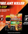 Fire Ant Killer For Outdoors No Watering Needed Kills Queens Mound Treatment Treats Up To 162 Mounds 12 Oz Per Bottle 2 Pack Easy Two Step System For Fast Outdoor Ant Control Long Lasting Results For Easy All Day Control, showing two-step product with granules and bottle.