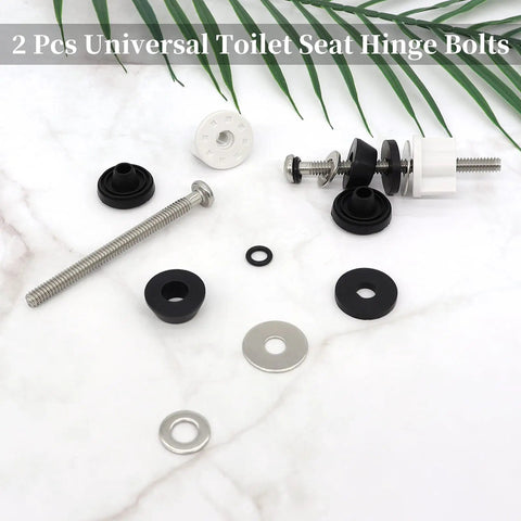 Universal Toilet Seat Hinge Bolts Kit Heavy Duty Stainless Steel With Waterproof Rubber Washers Gaskets Extra Long Nuts White Plastic Down Lock Screws For Fastening Silver on marble surface