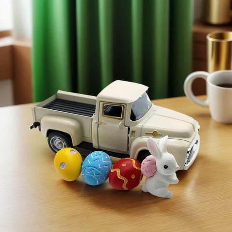 Vintage Easter Farmhouse Mini Diecast Metal Pickup Truck Decor With Eggs And Bunny For Tiered Tray Tabletop White Finish Gift