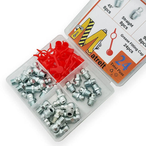 Grease Fitting Assortment Kit 5/16-24 In Straight 45 Degree And 90 Degree Zerk Fittings With Caps Galvanized Steel In Open Case