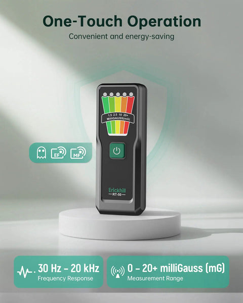 Handheld EMF Meter For Ghost Hunting And Home Use With 5 Level LED Alerts Detects EMF From Home Appliances WiFi Routers Power Lines And Industrial Machines 30Hz To 20kHz Range 0 To 20 mG Plus Or Minus 5 Percent Accuracy Compact Pocket Size on stand
