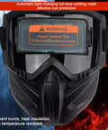 Top Shelf Auto Darkening Welding Helmet Full Face Arc Flash Shield Rig With Giant Anti Glare Lens front view showing warning label.