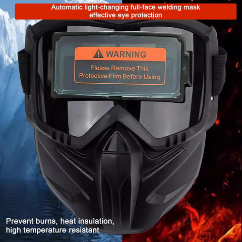 Top Shelf Auto Darkening Welding Helmet Full Face Arc Flash Shield Rig With Giant Anti Glare Lens front view showing warning label.