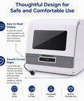 No Sweat Stainless Countertop Dishwasher Featuring Twelve Power Spray Jets Ozone Sterilization And High Temp Wash For Dorms Apts Boats And RV Road Trips Ready, compact design with easy-to-read display and smooth curved edges.