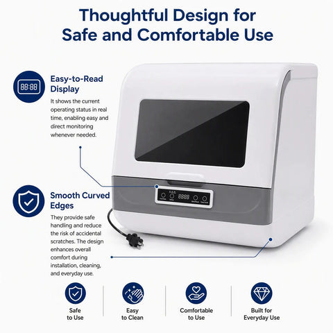 No Sweat Stainless Countertop Dishwasher Featuring Twelve Power Spray Jets Ozone Sterilization And High Temp Wash For Dorms Apts Boats And RV Road Trips Ready, compact design with easy-to-read display and smooth curved edges.