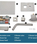 Components of Brushed Nickel Tub And Shower Faucet Set With 8 Inch Rain Shower Head Waterfall Tub Spout Wall Mounted Rough In Valve And Trim Kit Included 2 Function Shower System Mixer