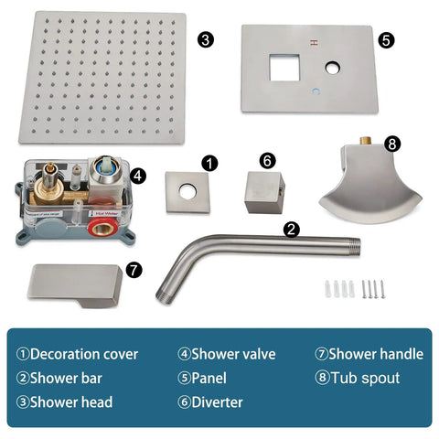 Components of Brushed Nickel Tub And Shower Faucet Set With 8 Inch Rain Shower Head Waterfall Tub Spout Wall Mounted Rough In Valve And Trim Kit Included 2 Function Shower System Mixer