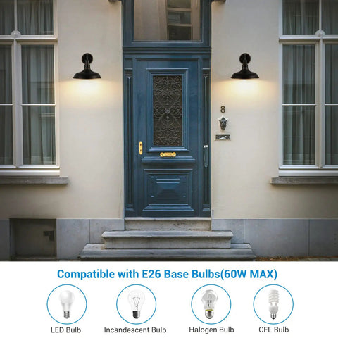 Two Gooseneck Outdoor Barn Light Wall Sconce 2 Pack Rustic Bronze Exterior Porch Lighting on a white wall by a blue door.