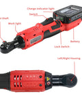 Cordless Three Eighth Inch Ratchet Wrench Workhorse For Tough Jobs, 44.25 Foot Pounds Torque, 380 RPM, side view with parts labeled