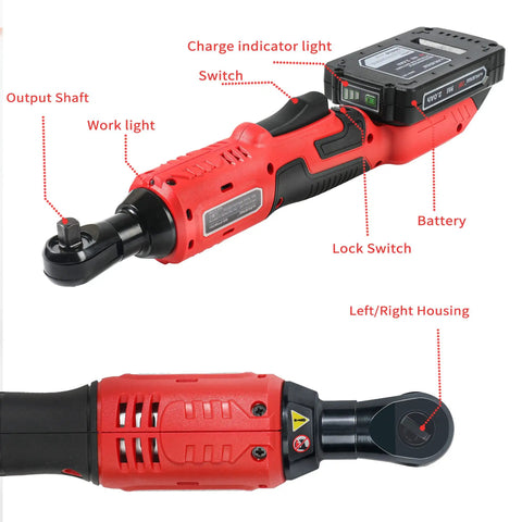 Cordless Three Eighth Inch Ratchet Wrench Workhorse For Tough Jobs, 44.25 Foot Pounds Torque, 380 RPM, side view with parts labeled