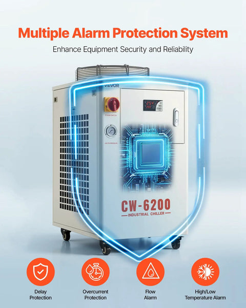 Heavy Duty Water Chiller Keeps Your CO2 Laser Chill And Running Smooth With 17060 Btu Cooling Power And A Roomy Tank for Multiple Alarm Protection.
