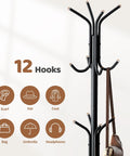 Freestanding Coat Rack With Twelve Hooks, Standing Coat Tree And Hat Hanger, Metal Jacket Organizer For Entryway Or Mudroom, Black Finish, 71.5 Inches Tall, No Fuss Storage For Coats Hats And More.